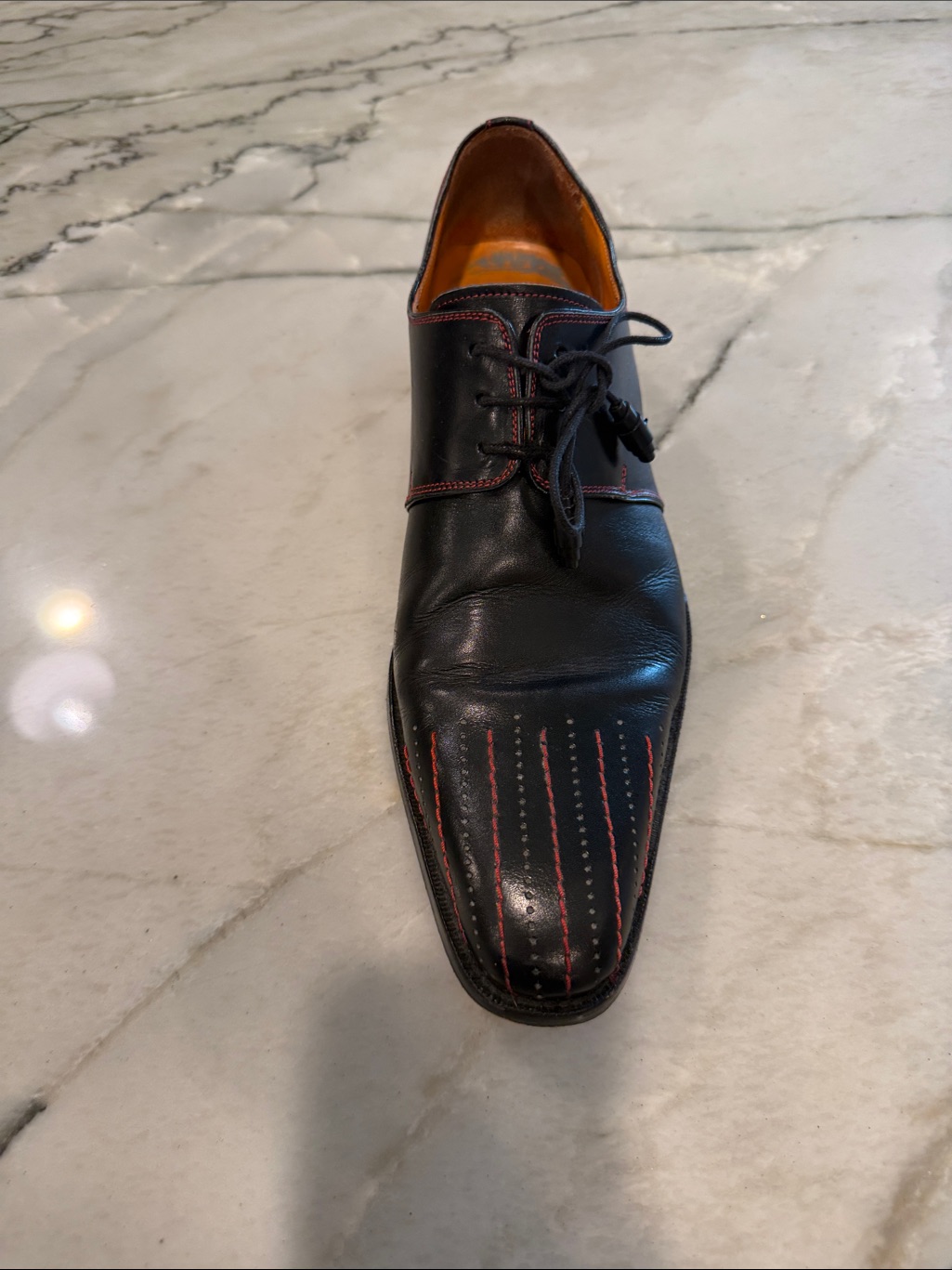 Mezlan Black Leather Oxford With Red Stitch Detailing